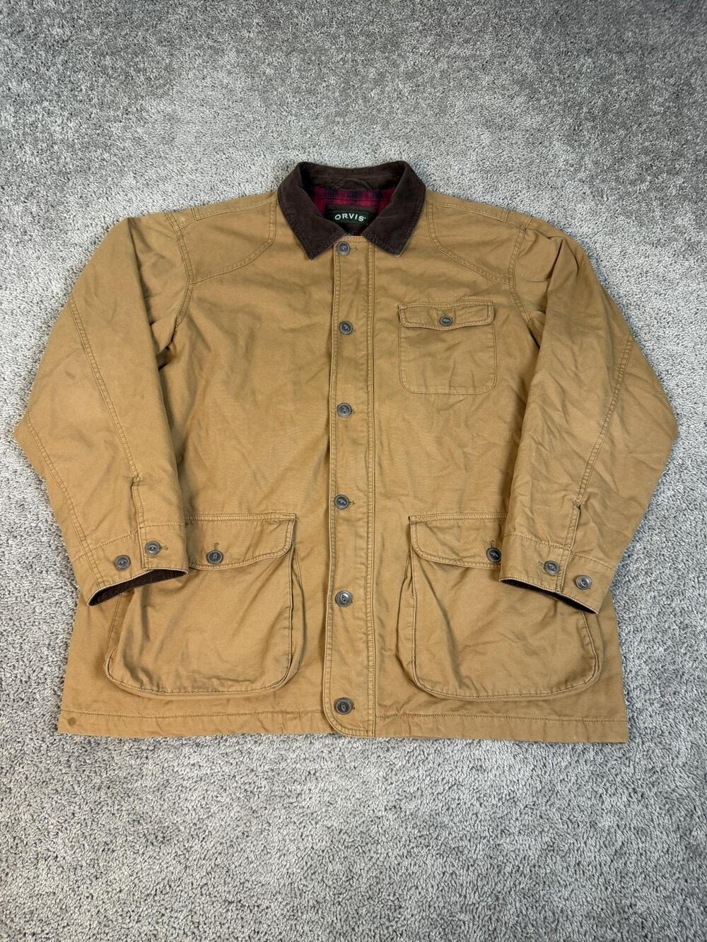 Orvis Jacket Mens XL Brown Military Cotton Canvas Lined Corduroy Collar